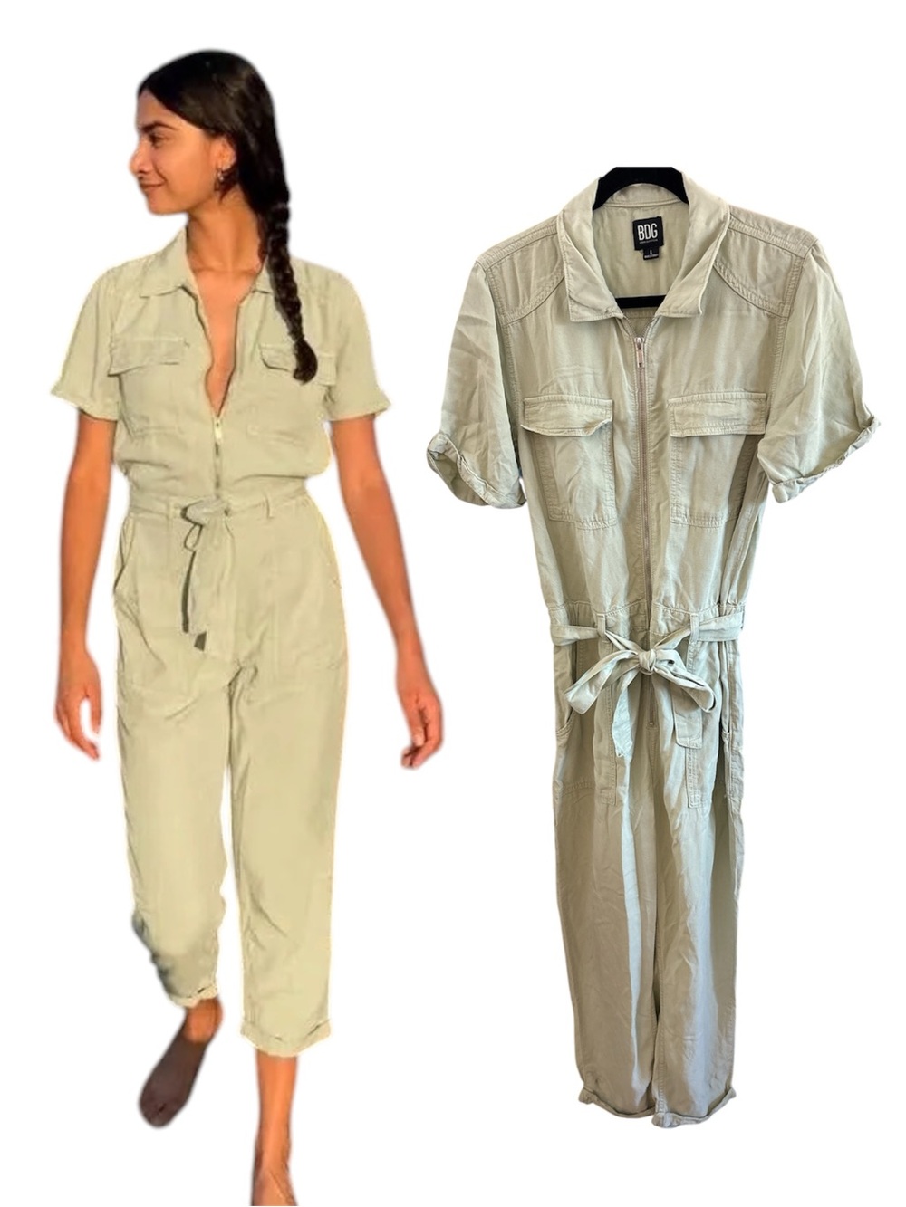 Urban Outfitters BDG Zip Up Utility Tie-Waist Jumpsuit in Light Green